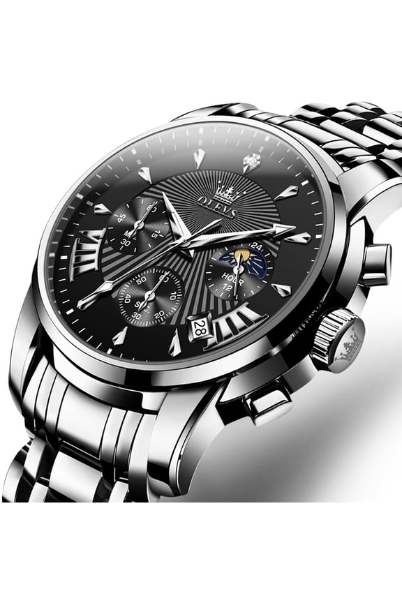 Watches for Men, Mens Watches Quartz Silver Stainless Steel Waterproof Luminous Business Calendar Wrist Watch reloj para hombre Black Dial