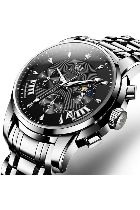Watches for Men, Mens Watches Quartz Silver Stainless Steel Waterproof Luminous Business Calendar Wrist Watch reloj para hombre Black Dial
