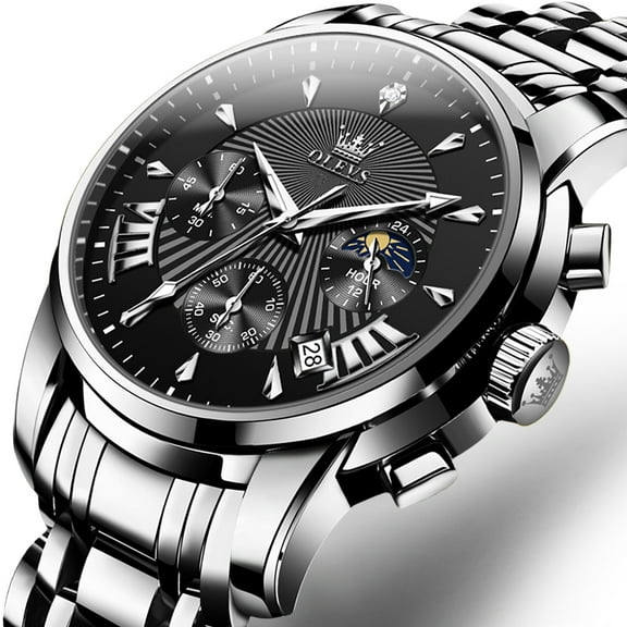 OLEVS Watches for Men, Mens Watches Quartz Silver Stainless Steel Waterproof Luminous Business Calendar Wrist Watch reloj para hombre Black Dial