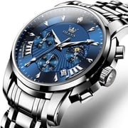 OLEVS Watches for Men, Mens Watches Quartz Silver Stainless Steel Waterproof Luminous Business Calendar Wrist Watch reloj para hombre Blue Dial
