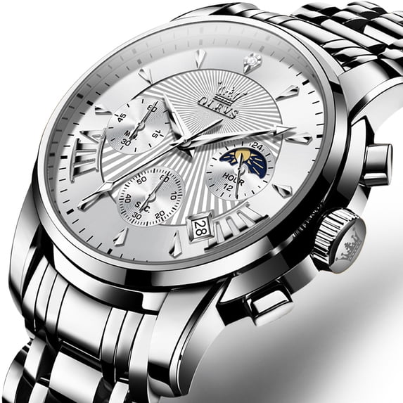 OLEVS Watches for Men, Mens Watches Quartz Silver Stainless Steel Waterproof Luminous Business Calendar Wrist Watch reloj para hombre