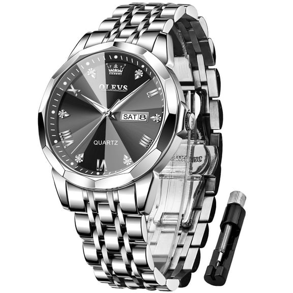 OLEVS Watches for men Diamond Business Dress Luxury Casual Analog Quartz Stainless Steel Waterproof Luminous Date Men Wrist Watches reloj para hombre Black Dial