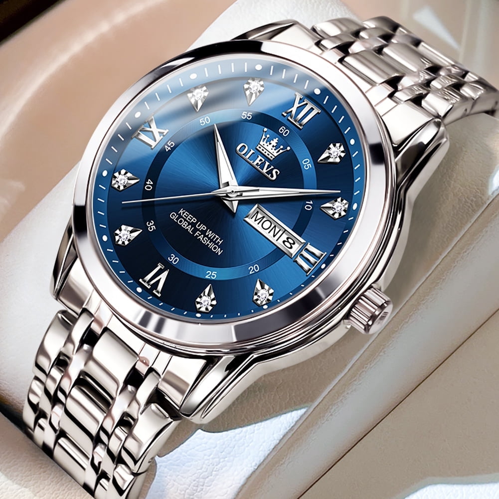 OLEVS Watches For Men Diamond Business Dress Luxury Casual Analog Quartz Stainless Steel Waterproof Luminous Date Men Wrist Watches Reloj Para Hombre Blue Dial