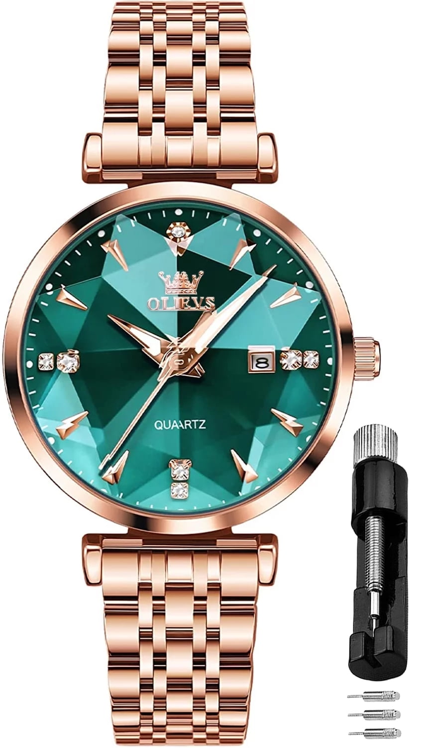 OLEVS Luxury Women s Watch Rose Gold Diamond Quartz Stainless Steel Luminous Waterproof Date Feature Green Dial Walmart