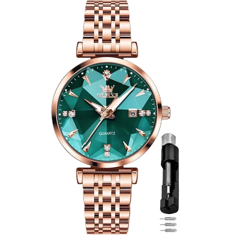 OLEVS Women Watch Rose Gold Diamond Analog Waterproof Green  display picture 3