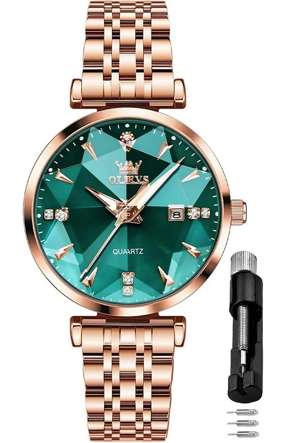 Women Watch Fashion Rose Gold Diamond Analog Quartz Female Watch for Women Luxury Dress Ladies Stainless Steel Luminous Waterproof Date Wrist Watches Green Dial