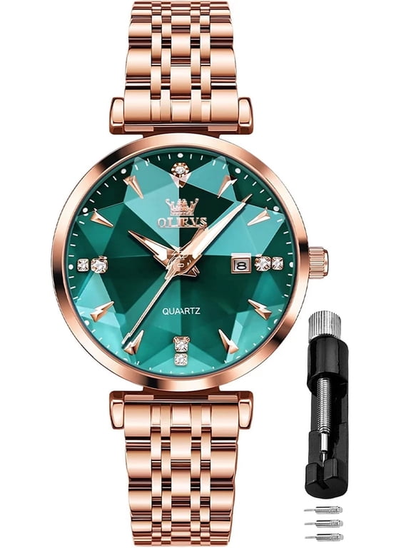 Women Watch Fashion Rose Gold Diamond Analog Quartz Female Watch for Women Luxury Dress Ladies Stainless Steel Luminous Waterproof Date Wrist Watches Green Dial