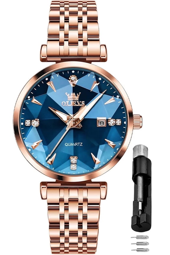 Women Watch Fashion Rose Gold Diamond Analog Quartz Female Watch for Women Luxury Dress Ladies Stainless Steel Luminous Waterproof Date Wrist Watches Blue Dial