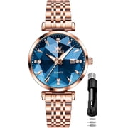 OLEVS Women Watch Fashion Rose Diamond Analog Quartz Female Watch for Women Luxury Dress Ladies Stainless Steel Luminous Waterproof Date Wrist Watches Blue Dial