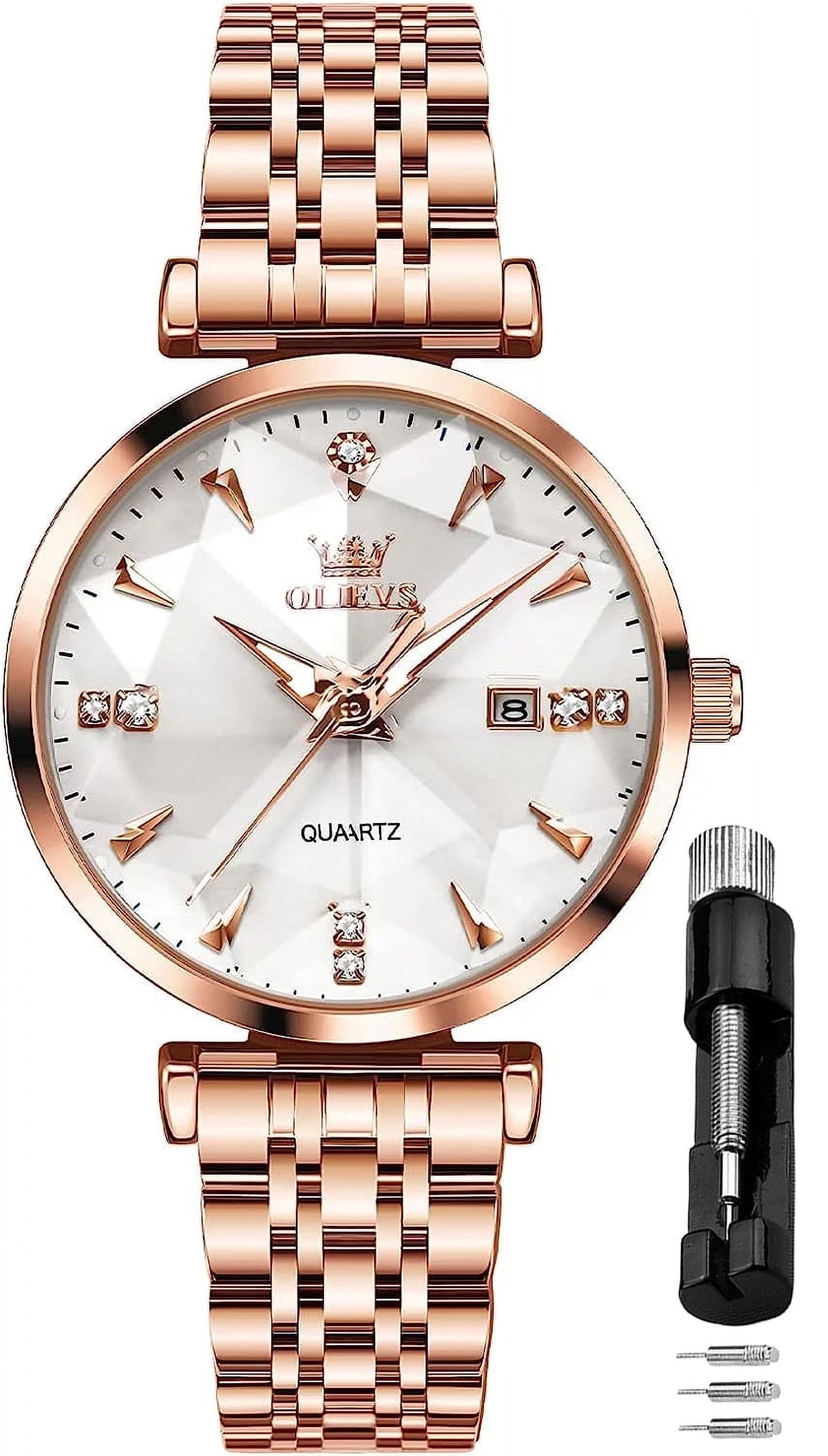 OLEVS Luxury Ladies Rose Gold Diamond Watch, Analog Quartz 
