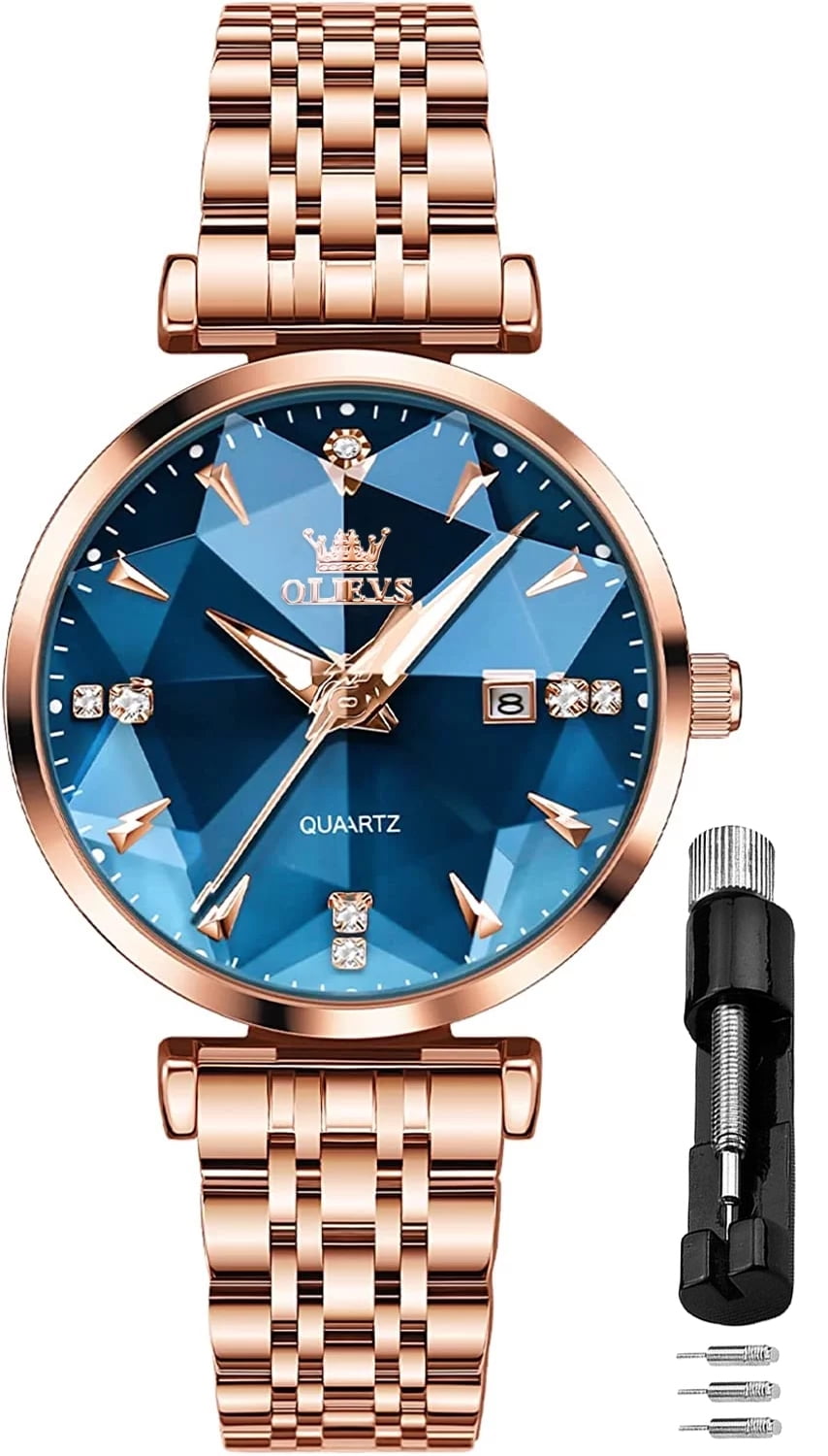 OLEVS Women Watch Fashion Rose Gold Diamond Analog Quartz Female Watch for Women Luxury Dress Ladies Stainless Steel Luminous Waterproof Date Wrist Watches Blue Dial