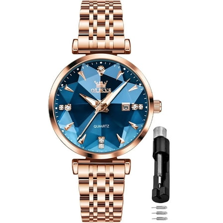 OLEVS Women Watch Fashion Rose Gold Diamond Analog Quartz Female Watch for Women Luxury Dress Ladies Stainless Steel Luminous Waterproof Date Wrist Watches Blue Dial