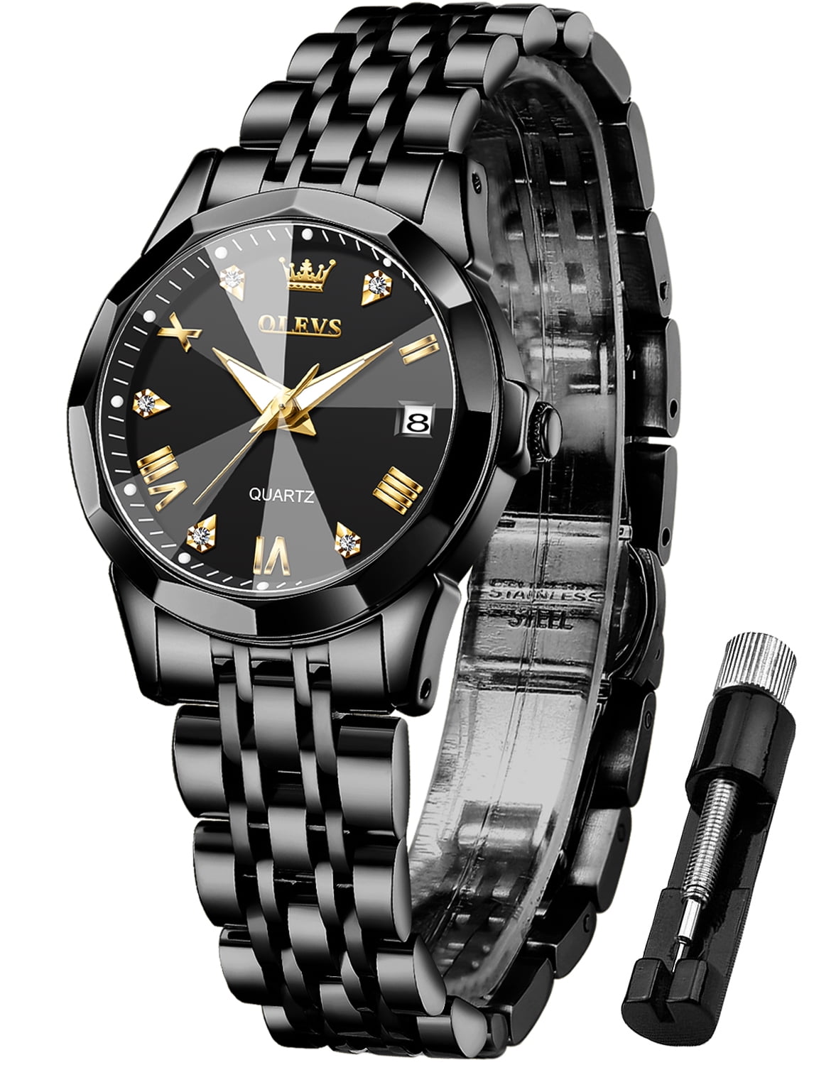 OLEVS Womens Watch Fashion Dress Female Watches for Women Analog Quartz Stainless Steel Waterproof Luminous Two Tone Black Ladies Wristwatch Reloj para Mujer