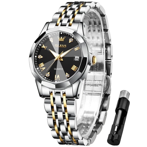 OLEVS Womens Watch Fashion Dress Female Watches for Women Analog Quartz Stainless Steel Waterproof Luminous Two Tone Black Ladies Wristwatch Reloj para Mujer