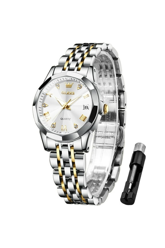 Womens Watch Fashion Dress Female Watches for Ladies Analog Quartz Stainless Steel Waterproof Luminous Two Tone Wristwatch Reloj para Mujer