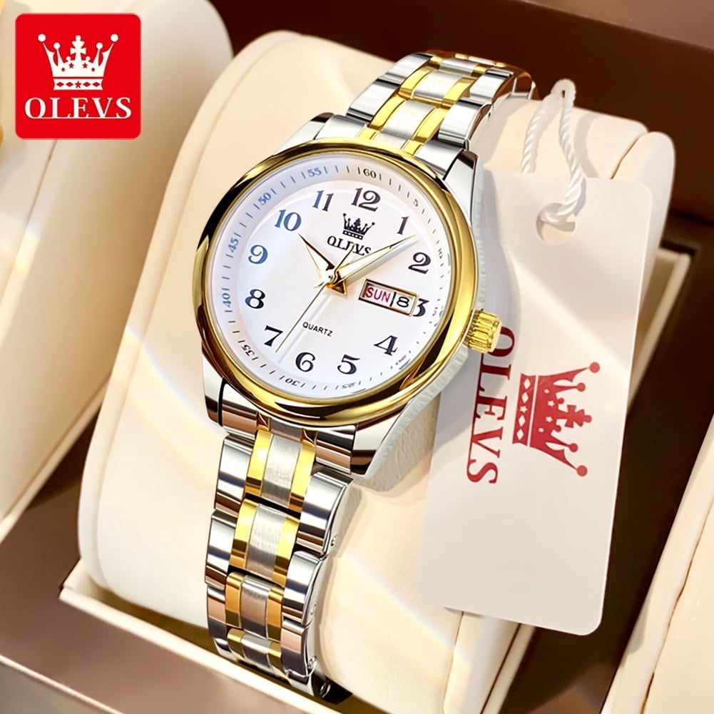 OLEVS Watches for Women Business Dress Two Tone Gold Plated Stainless Steel Analog Quartz Digital Date Waterproof Luminous Ladies Wrist Watches Relojes para Mujer