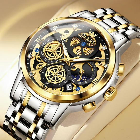 OLEVS Watches for Men Business Dress Luxury Analog Quartz Chronograph Two Tone Gold Plated Stainless Steel Waterproof Luminous Date Casual Mens Wrist Watches Reloj Para Hombre