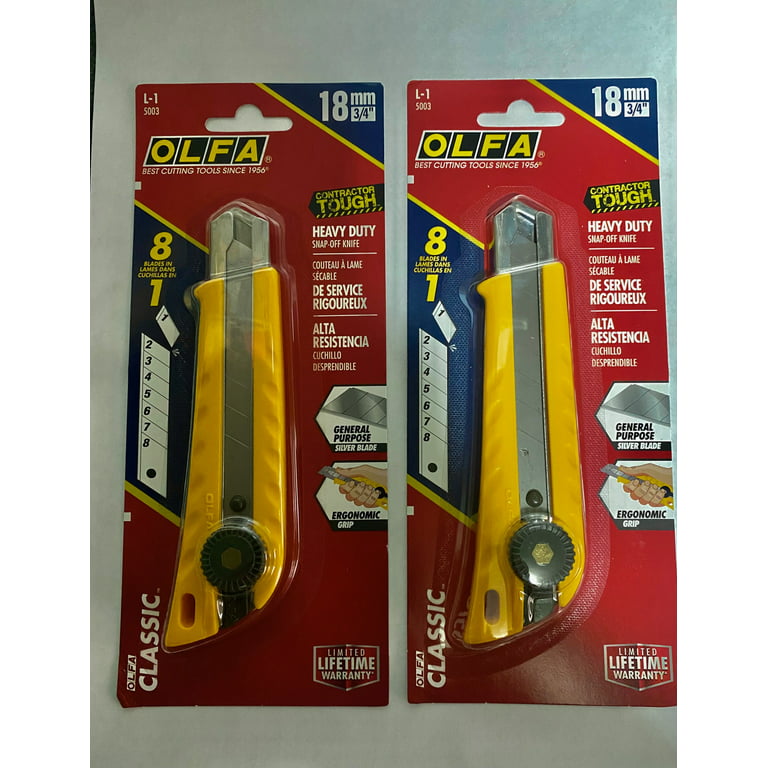 Olfa 18mm Heavy-Duty Utility Knife (L-1) - Multi-Purpose Custom Cutting Depth Utility Knife w/ Ergonomic (2 Pack), Yellow