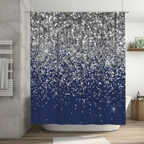 OLGCZM Shower Curtain for Bathroom Silver Navy Blue Glitter Sparkle Shower Curtains Polyester Fabric Bathroom Decor Curtain with Hooks 72 X72 Inches
