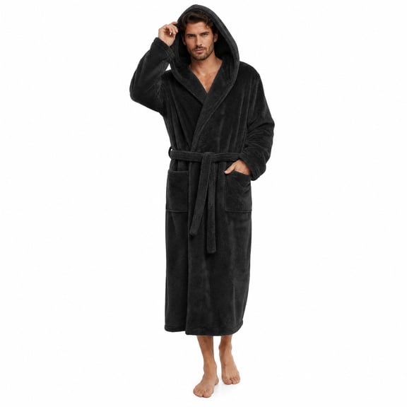 OLGDLZW Men's Fleece Robe, Hooded Bathrobe for Men, Soft Lightweight Long Robe with Pockets and Belt, Cozy Sleepwear Lounge Wear for Home Spa Shower
