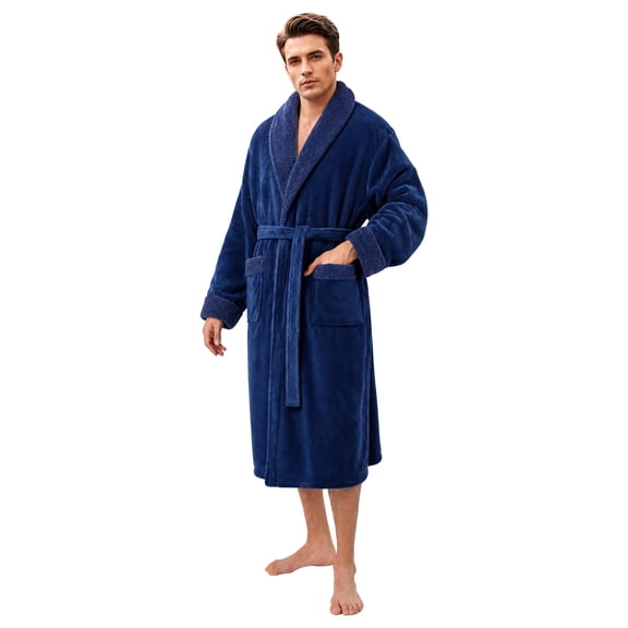 OLGDLZW Men's Fleece Robe, Soft Shawl Collar Bathrobe for Men, Long Warm Robe with Pockets, Cozy Lounge Sleepwear for Home Shower Relaxation