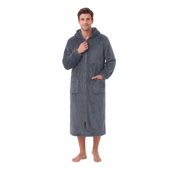 OLGDLZW Men's Zip Front Hooded Robe, Plush Soft Bathrobe with Large Pockets, Full Length Lounge Design for Cozy Home Comfort