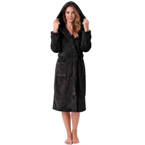 OLGDLZW Women Hooded Plush Fleece Robe, Warm Soft Long Sleeve Bathrobe with Pockets, Cozy Winter Loungewear Bath Robe for Ladies,BLACK L/XL