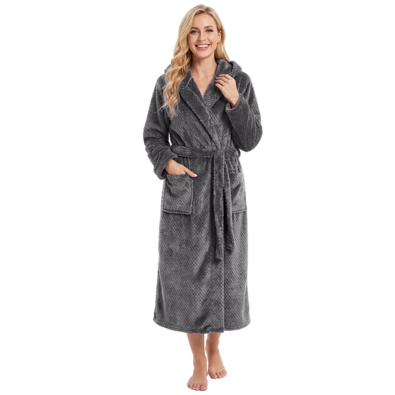 OLGDLZW Women's Soft Plush Bathrobe, Cozy Hooded Robe with Pockets and Belt, Full Length Lounge Wear for Home,Navy 2XL/3XL