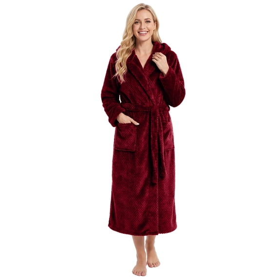 OLGDLZW Women's Soft Plush Bathrobe, Cozy Hooded Robe with Pockets and Belt, Full Length Lounge Wear for Home,Burgundy 2XL/3XL