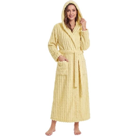 OLGDLZW Women's Fleece Hooded Robe, Soft Plush Bathrobe with Full Length Coverage, Tie Waist and Deep Pockets,Pale Yellow L/XL