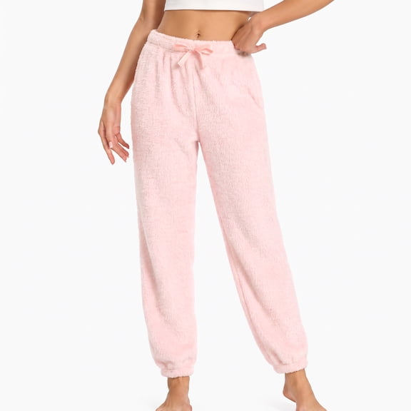 OLGDLZW Women's Fleece Pajama Pants, Soft Lightweight Sleep Pants, Cozy Loungewear with Drawstring Waist, Cuffed Legs and Pockets,Light Pink M
