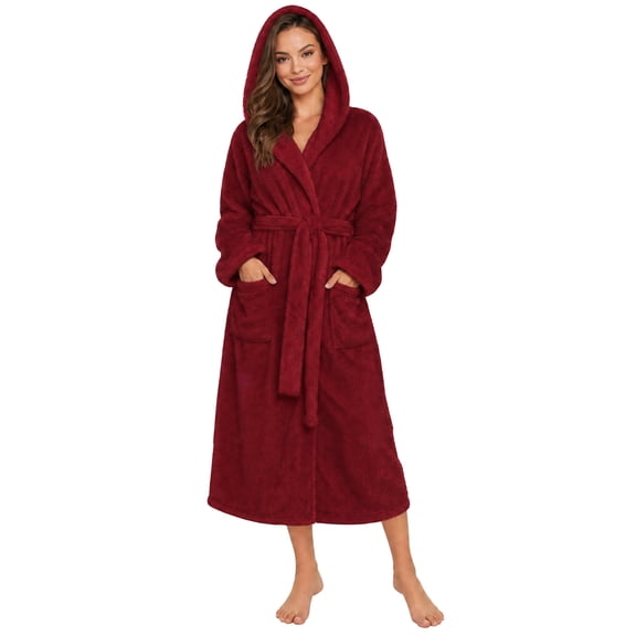 OLGDLZW Women's Hooded Bathrobe, Soft Fleece Long Robe with Pockets, Cozy Full Length Sleepwear for Women, Warm Loungewear for Home
