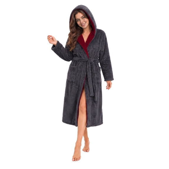 OLGDLZW Women's Hooded Fleece Robe, Soft Plush Full Length Bathrobe with Pockets and Tie Belt, Cozy Long Lounge Robe for Home,Dark Grey 2XL/3XL