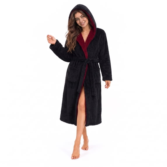 OLGDLZW Women's Hooded Fleece Robe, Soft Plush Full Length Bathrobe with Pockets and Tie Belt, Cozy Long Lounge Robe for Home,Black S/M