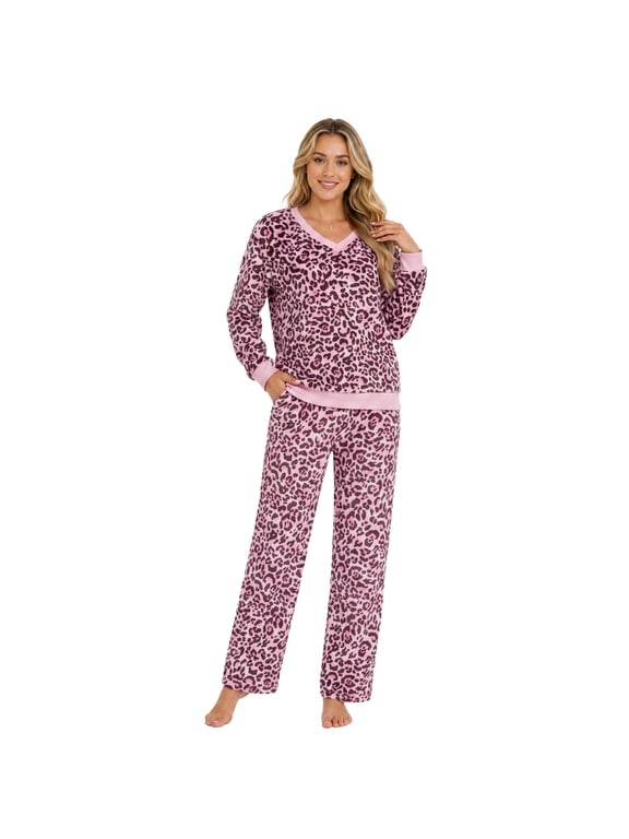 Women's Plush Leopard Print Pajama Set Soft Fleece Loungewear V-Neck Long Sleeve Top with Wide Leg Pants Cozy Winter Sleepwear