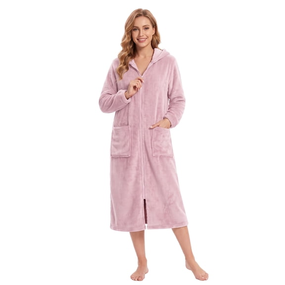 OLGDLZW Women's Soft Plush Zip Front Robe, Easy Wear Hooded Bathrobe with Side Pockets, Relaxing Lounge Robe After Shower
