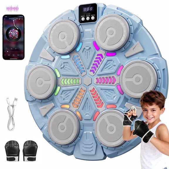 OLGEO Music Boxing Machine for Kids, Wall Mounted Bluetooth Punching Target with Rhythm Lights, Training Boxing Pad with Gloves for Age 4-12+
