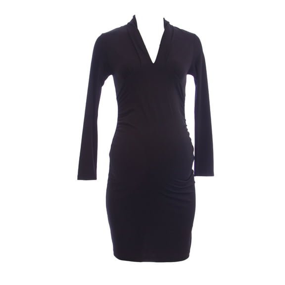 OLIAN Maternity Women's Black Ruched Sides Long Sleeve V-Neck Dress