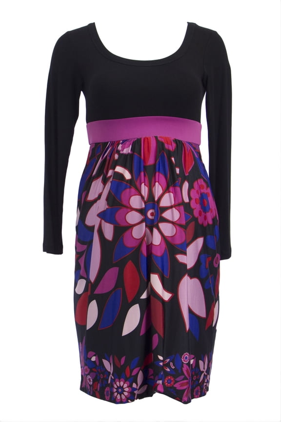 OLIAN Maternity Women's Floral Print Scoop Neck Babydoll Dress X-Small Black