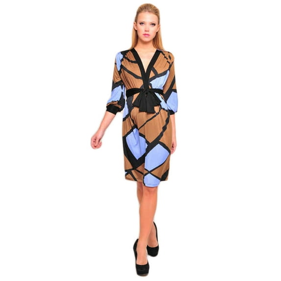 OLIAN Maternity Women's Geometric Print Wrap Around Sash Dress X-Small Brown Blue