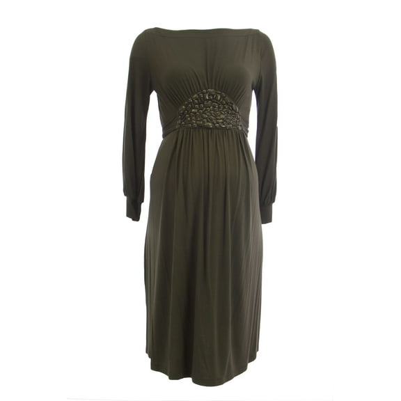 OLIAN Maternity Women's Jeweled Waist Boat Neck Dress Small Olive Green