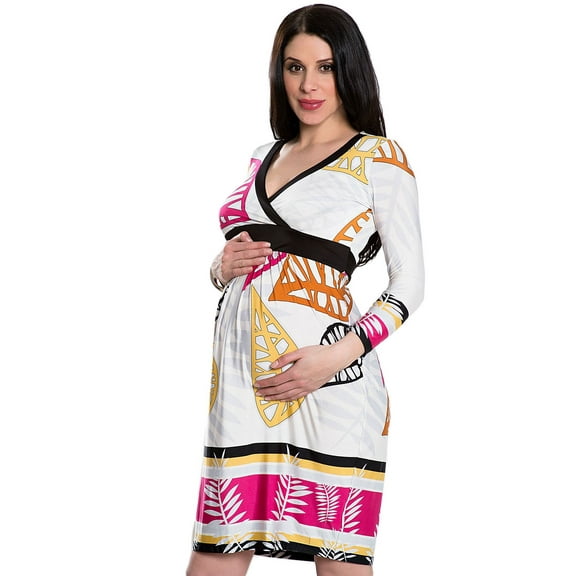 OLIAN Maternity Women's Leaves Print 3/4 Sleeve Waist Tie Dress Small Pink