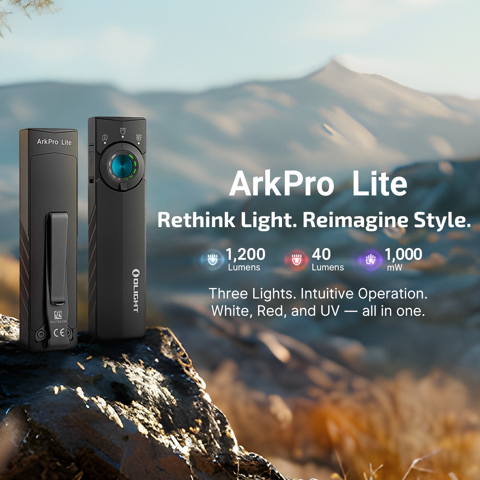 OLIGHT ArkPro Lite Flat Pocket Flashlight, Rechargeable Portable 1200 Lumens with White LED, Red Light, and UV Light, Triple Sources for Pet Urine Detection, Camping,Emergency, Working (Matte Black)