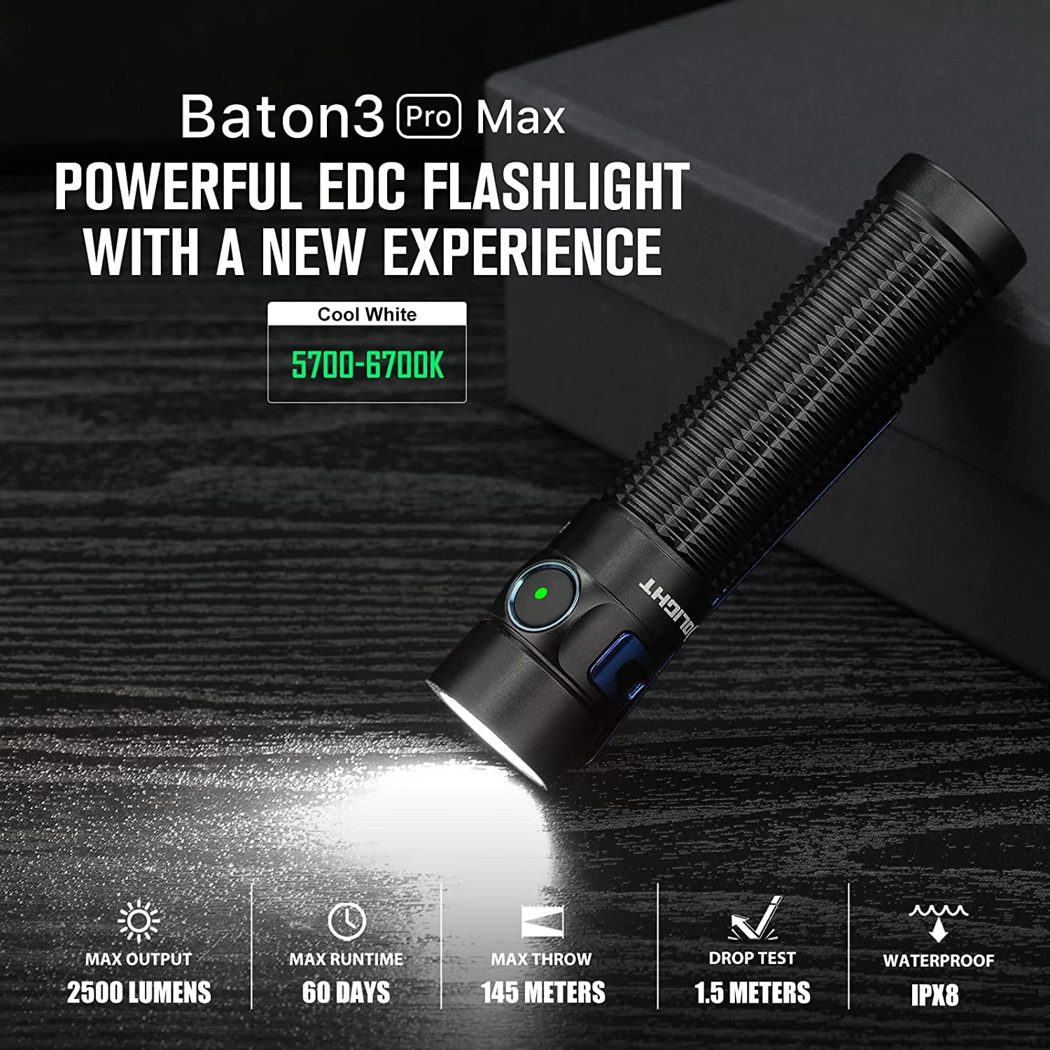 Olight Baton 3 Pro Max CW EDC Flashlight, Rechargeable 2500 Lumen