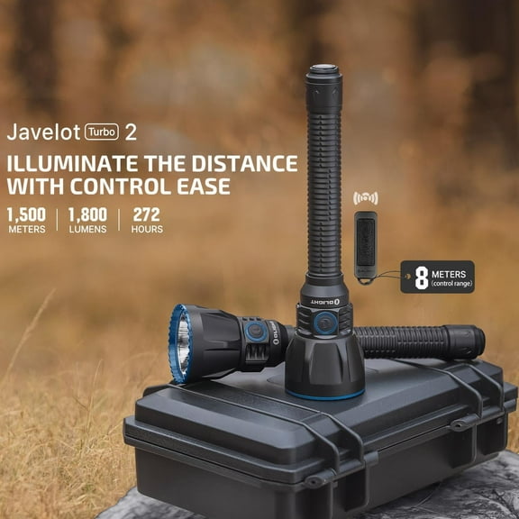 OLIGHT Javelot Turbo 2 1800 Lumen Rechargeable Flashlight with Long-Range 4921ft Throw, Dual-Switch LED Hunting Light with Wireless Remote 8M Control, Battery Pack & USB C Cable (Balck)