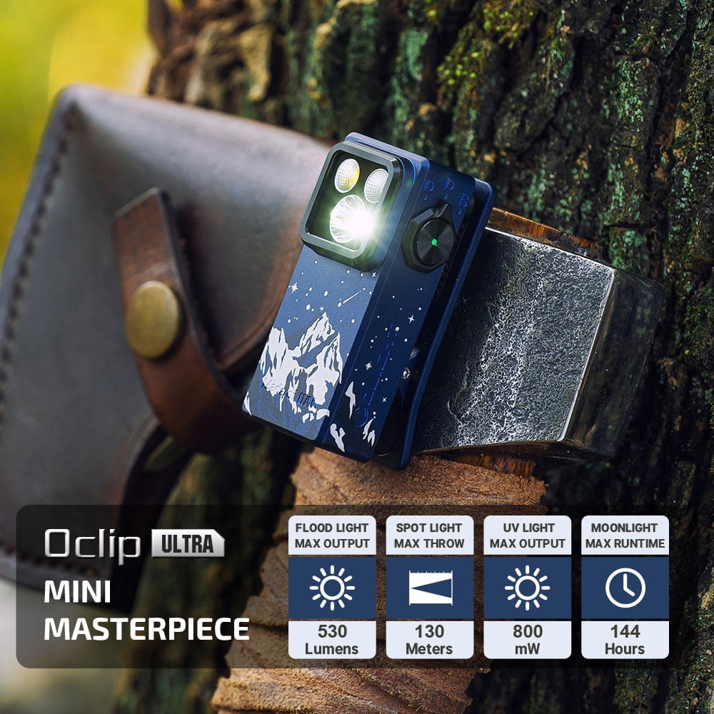 OLIGHT Oclip Ultra EDC Flashlight Clip-on Light, 530 Lumens Rechargeable with Type-C Charging, Combines Floodlight, Spotlight and UV, Triple Magenetic Lights for Inspection and Work (Snowy Summit)