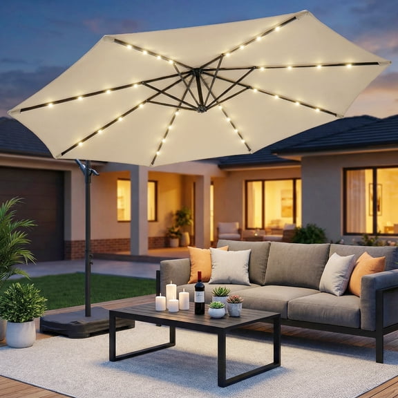 OLILAWN 10FT Patio Umbrella with Solar Lights and Base, Cantilever Offset Outdoor Umbrella with 32 LED Lights, 360 Rotation, Infinite Tilt, Yarn-Dyed Canopy for Patio, Poolside, Deck, Wheat