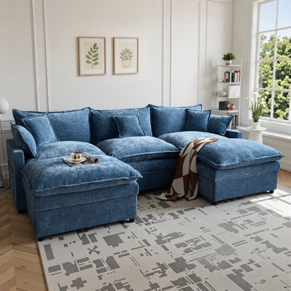 OLINOA 108" Modular Sectional Sofa with Double Ottomans, Ultra-Soft Chenille U-Shaped Sectional Couch, Deep Seat Convertible Sofa Bed with Side Pockets & Extra Pillows for Living Room, Blue