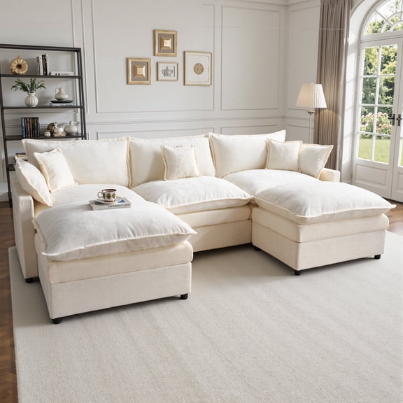 OLINOA 108" Modular Sectional Sofa with Double Ottomans, Ultra-Soft Chenille U-Shaped Sectional Couch, Deep Seat Convertible Sofa Bed with Side Pockets & Extra Pillows for Living Room, Off White