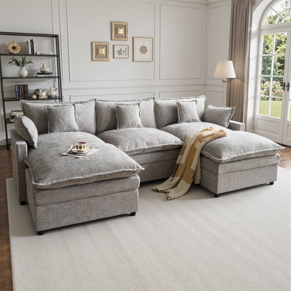 OLINOA 108" Modular Sectional Sofa with Double Ottomans, Ultra-Soft Chenille U-Shaped Sectional Couch, Deep Seat Convertible Sofa Bed with Side Pockets & Extra Pillows for Living Room, Gray